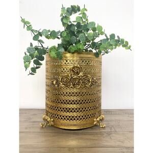 Vintage Hollywood Regency Gold Filigree Waste Basket Ormolu Floral Planter